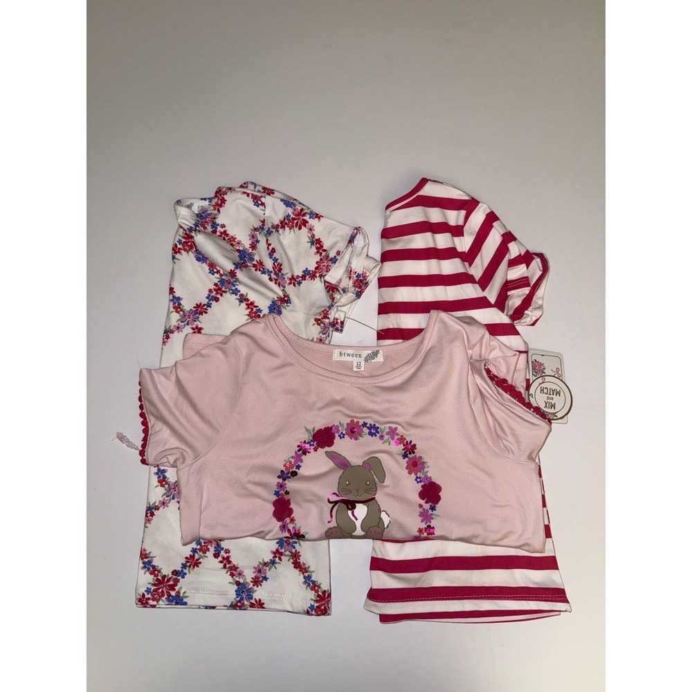 Btween Girl's 3-Pack T-Shirts 12 Pink Striped Bunny Floral Cute Cottage Kids NWT